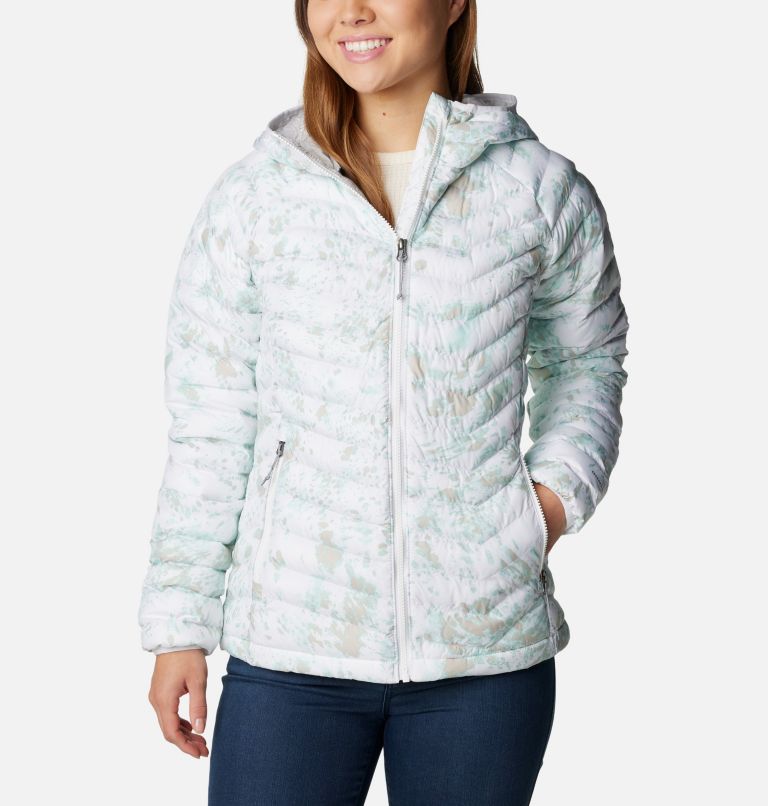 Women's Powder Lite Hooded Jacket, Color: White Flurries Print, image 1