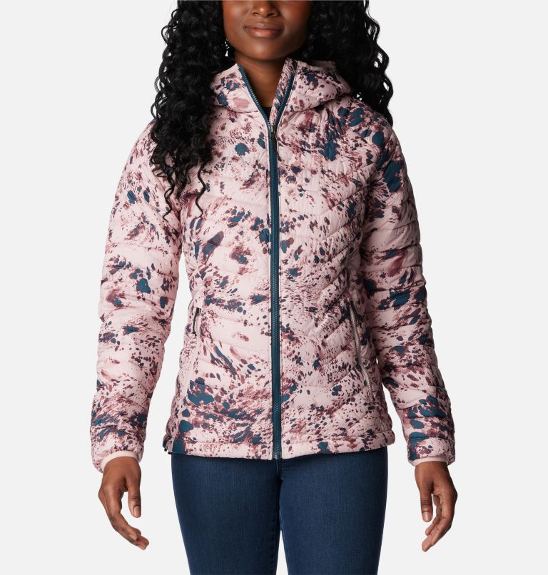 Women’s Powder Lite Insulated Hooded Jacket, Color: Dusty Pink Flurries Print, image 1