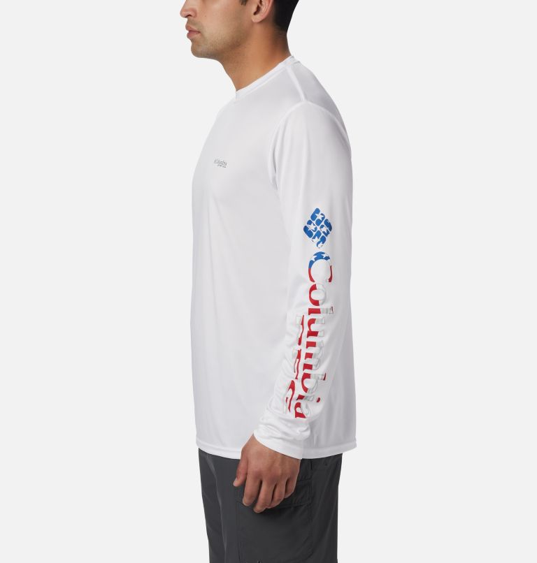 Thumbnail: Men's Terminal Tackle PFG Logo Print Long Sleeve Shirt, Color: White, Stars and Stripes, image 4