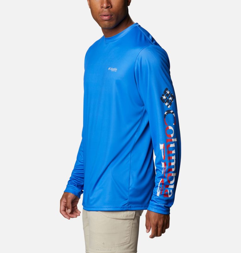 Thumbnail: Men's Terminal Tackle PFG Logo Print Long Sleeve Shirt, Color: Vivid Blue, Stars and Stripes, image 3