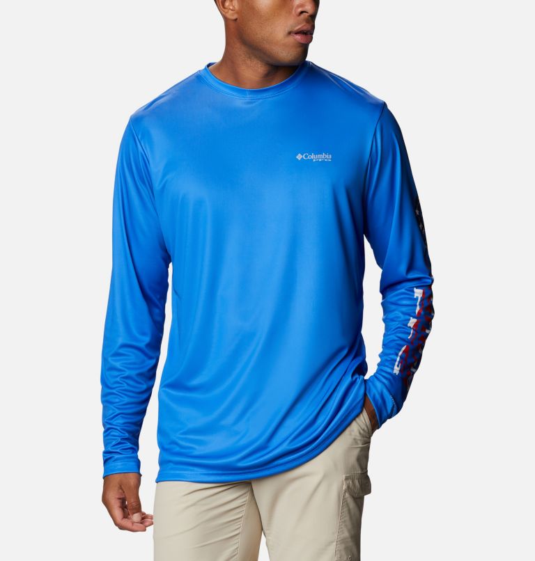 Thumbnail: Men's Terminal Tackle PFG Logo Print Long Sleeve Shirt, Color: Vivid Blue, Stars and Stripes, image 1