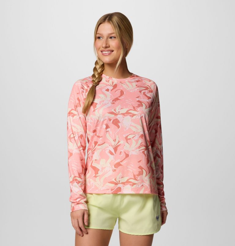 Women's PFG Super Tidal Tee Long Sleeve Shirt, Color: Tiki Pink Undertow, image 1