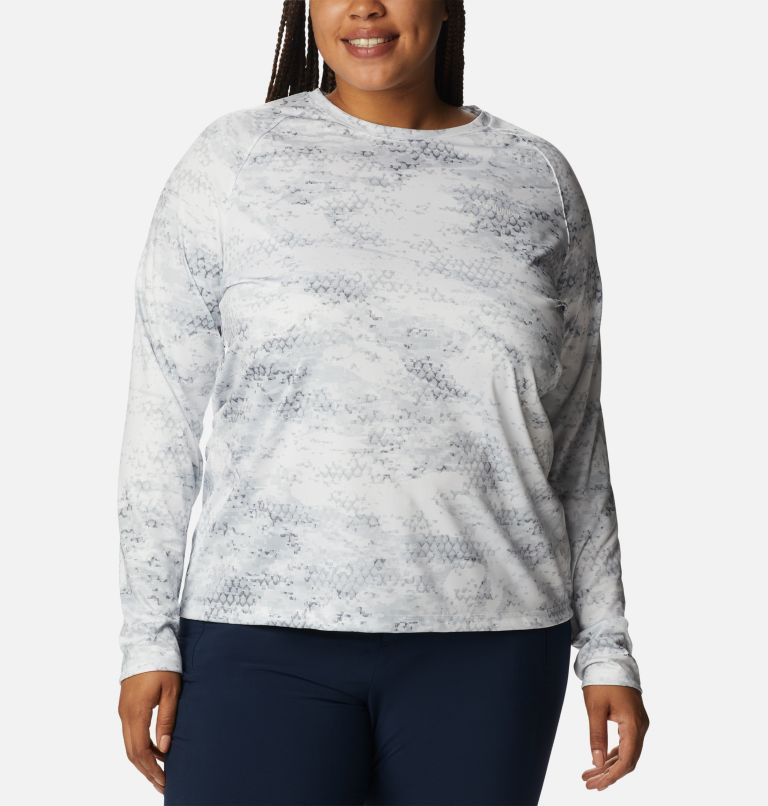 Women’s PFG Super Tidal Tee II Long Sleeve Shirt - Plus Size, Color: Cool Grey PFG Camo Print, image 1