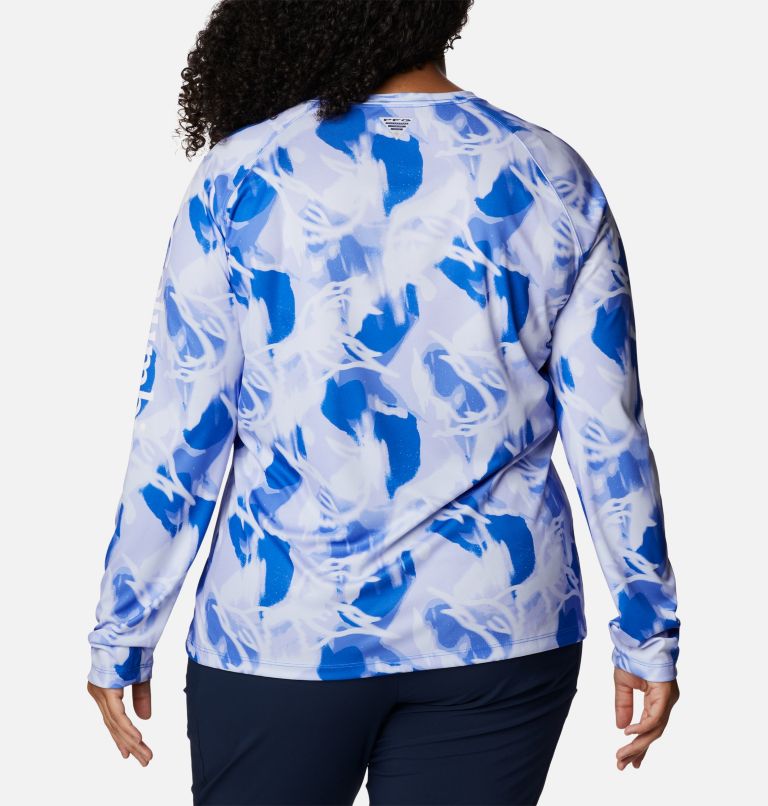 Women’s PFG Super Tidal Tee II Long Sleeve Shirt - Plus Size, Color: Blue Macaw, Auroras Print, image 2