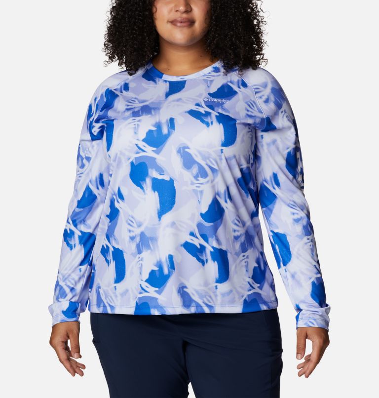 Thumbnail: Women’s PFG Super Tidal Tee II Long Sleeve Shirt - Plus Size, Color: Blue Macaw, Auroras Print, image 1