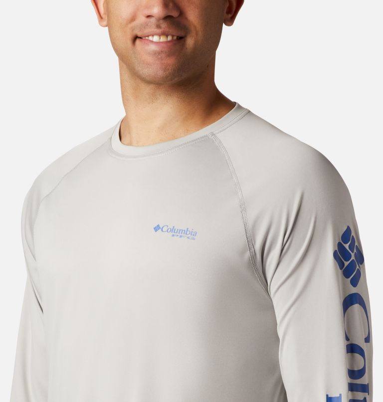 Men's PFG Terminal Tackle Heather Long Sleeve Shirt, Color: Cool Grey Heather, Vivid Blue Logo, image 3