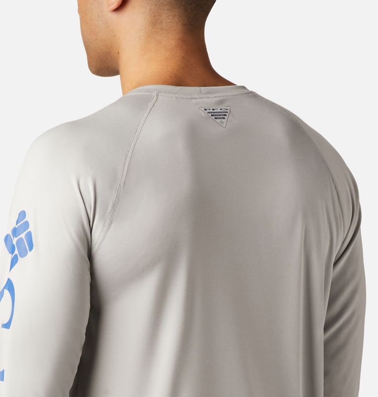 Men's PFG Terminal Tackle Heather Long Sleeve Shirt, Color: Cool Grey Heather, Vivid Blue Logo, image 4
