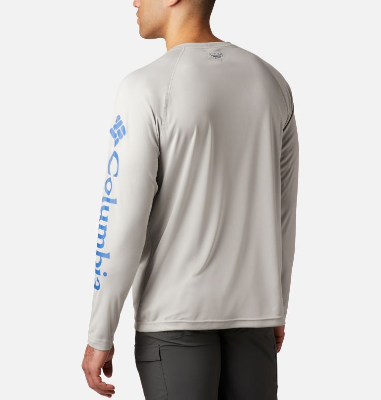 Men's PFG Terminal Tackle Heather Long Sleeve Shirt, Color: Cool Grey Heather, Vivid Blue Logo, image 2