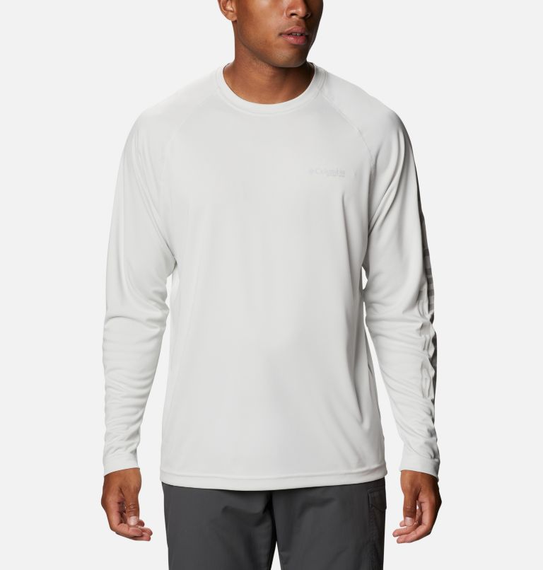 Men's PFG Terminal Tackle Heather Long Sleeve Shirt, Color: White Heather, Cool Grey Logo, image 1