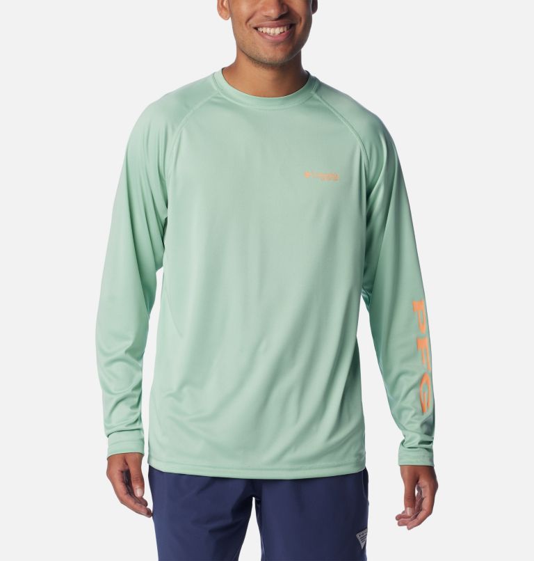 Men's PFG Terminal Tackle Heather Long Sleeve Shirt, Color: New Mint Heather, Bright Nectar Logo, image 1
