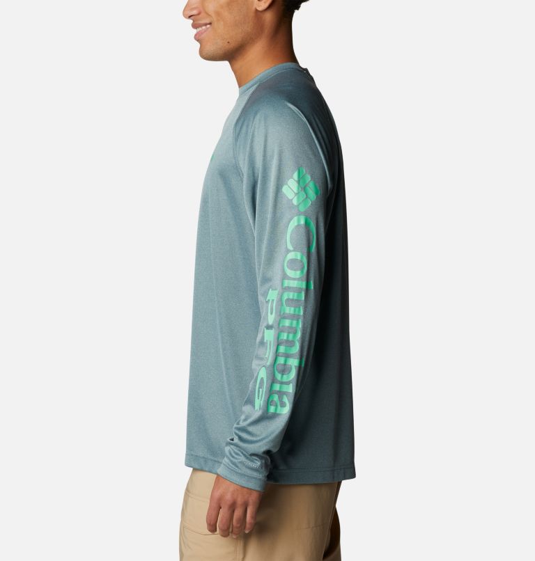 Men's PFG Terminal Tackle Heather Long Sleeve Shirt, Color: Metal Heather, Light Jade Logo, image 3