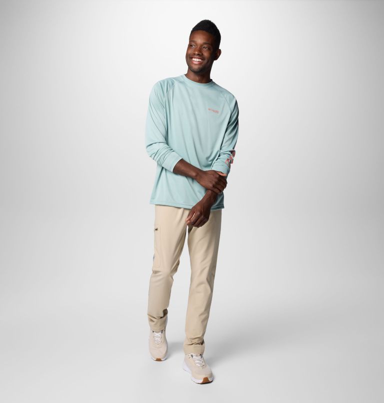 Men's PFG Terminal Tackle Heather Long Sleeve Shirt, Color: Crushed Blue Heather, Faded Peach Logo, image 3