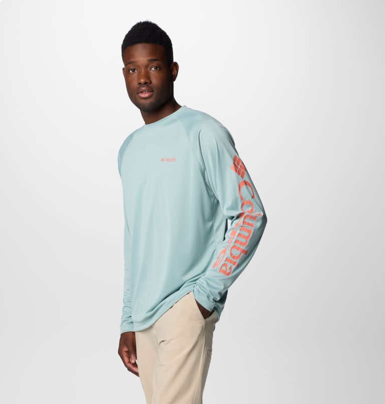 Men's PFG Terminal Tackle Heather Long Sleeve Shirt, Color: Crushed Blue Heather, Faded Peach Logo, image 4