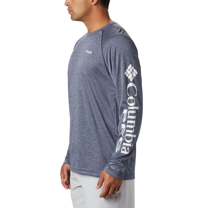 Men's PFG Terminal Tackle Heather Long Sleeve Shirt, Color: Collegiate Navy Heather, White Logo, image 3