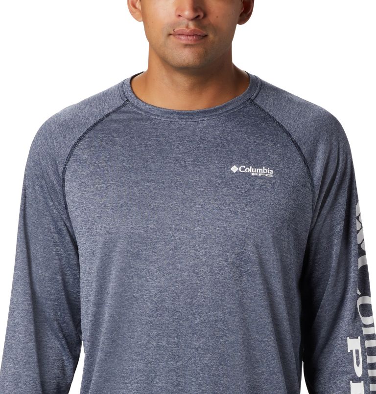 Thumbnail: Men's PFG Terminal Tackle Heather Long Sleeve Shirt, Color: Collegiate Navy Heather, White Logo, image 4