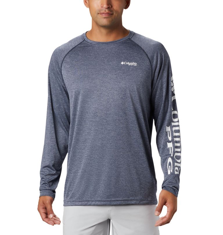 Thumbnail: Men's PFG Terminal Tackle Heather Long Sleeve Shirt, Color: Collegiate Navy Heather, White Logo, image 1