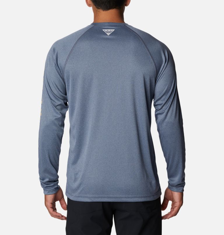 Men's PFG Terminal Tackle Heather Long Sleeve Shirt, Color: Carbon Heather, Ancient Fossil Logo, image 2