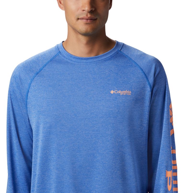 Men's PFG Terminal Tackle Heather Long Sleeve Shirt, Color: Vivid Blue Heather, Bright Nectar Logo, image 3