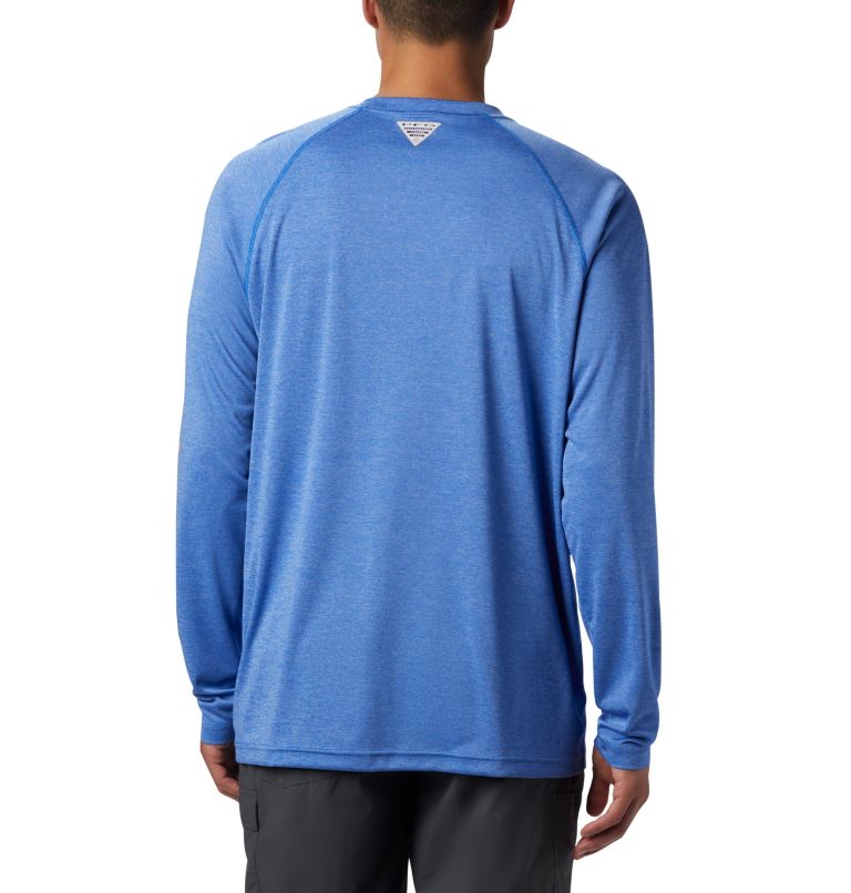 Men's PFG Terminal Tackle Heather Long Sleeve Shirt, Color: Vivid Blue Heather, Bright Nectar Logo, image 2