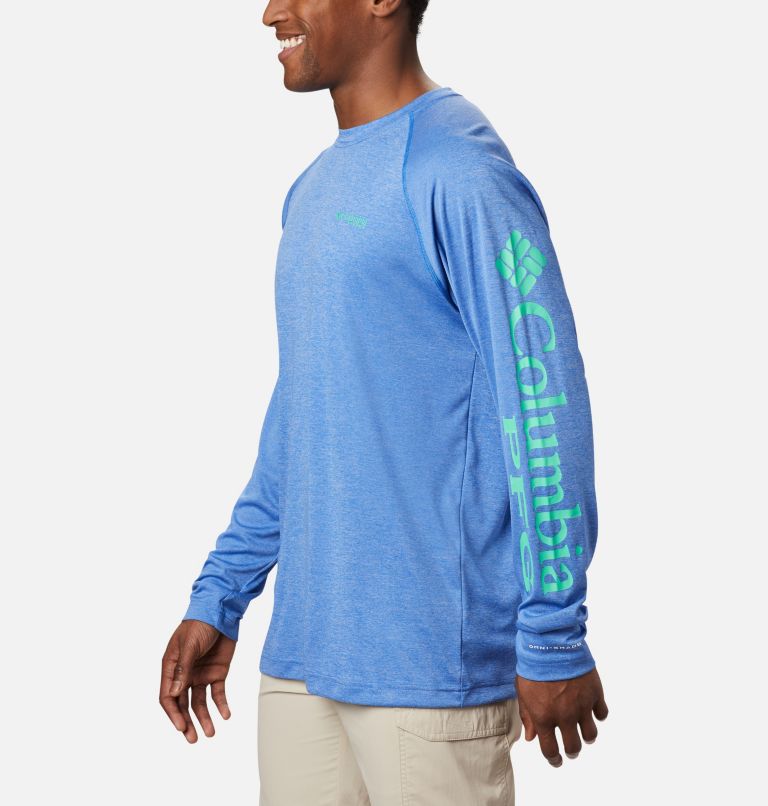 Terminal Tackle Heather LS Shirt | 490 | XS, Color: Vivid Blue Heather, Winter Green Logo, image 3