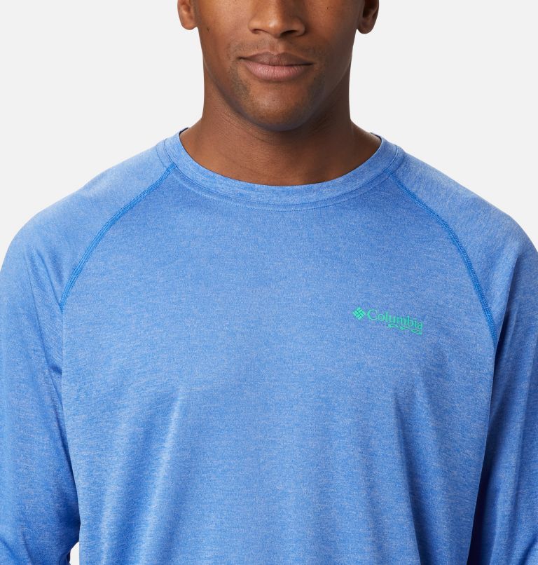 Terminal Tackle Heather LS Shirt | 490 | XS, Color: Vivid Blue Heather, Winter Green Logo, image 4