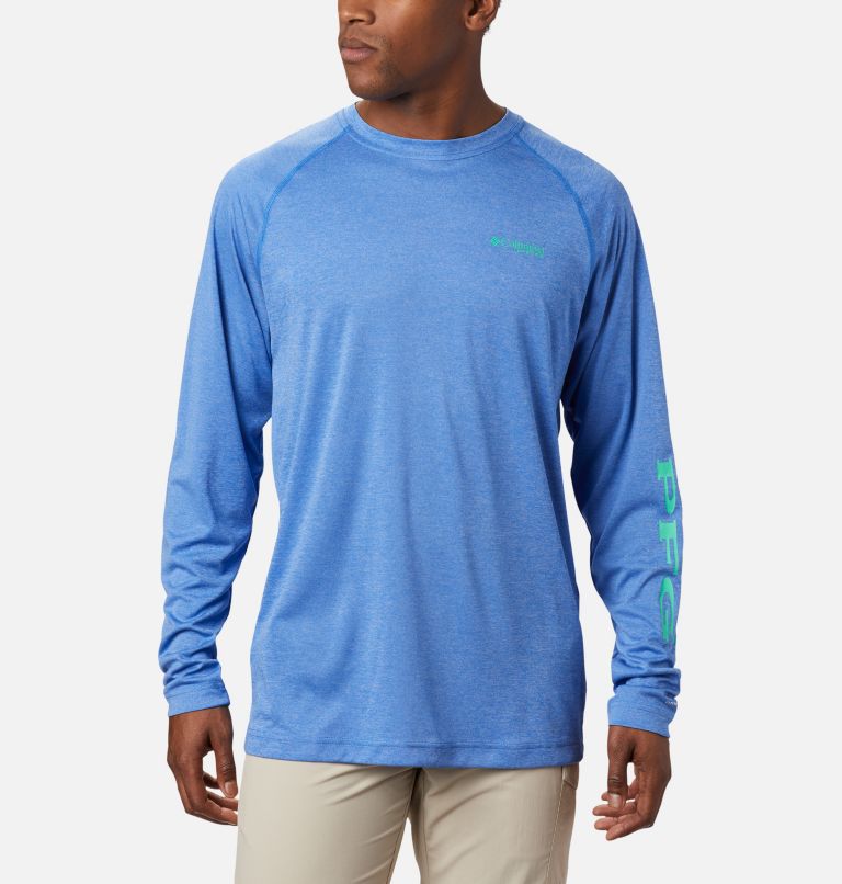 Terminal Tackle Heather LS Shirt | 490 | XS, Color: Vivid Blue Heather, Winter Green Logo, image 1