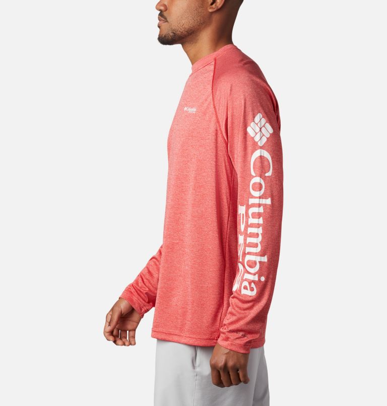 Men's PFG Terminal Tackle Heather Long Sleeve Shirt, Color: Red Spark Heather, White Logo, image 3