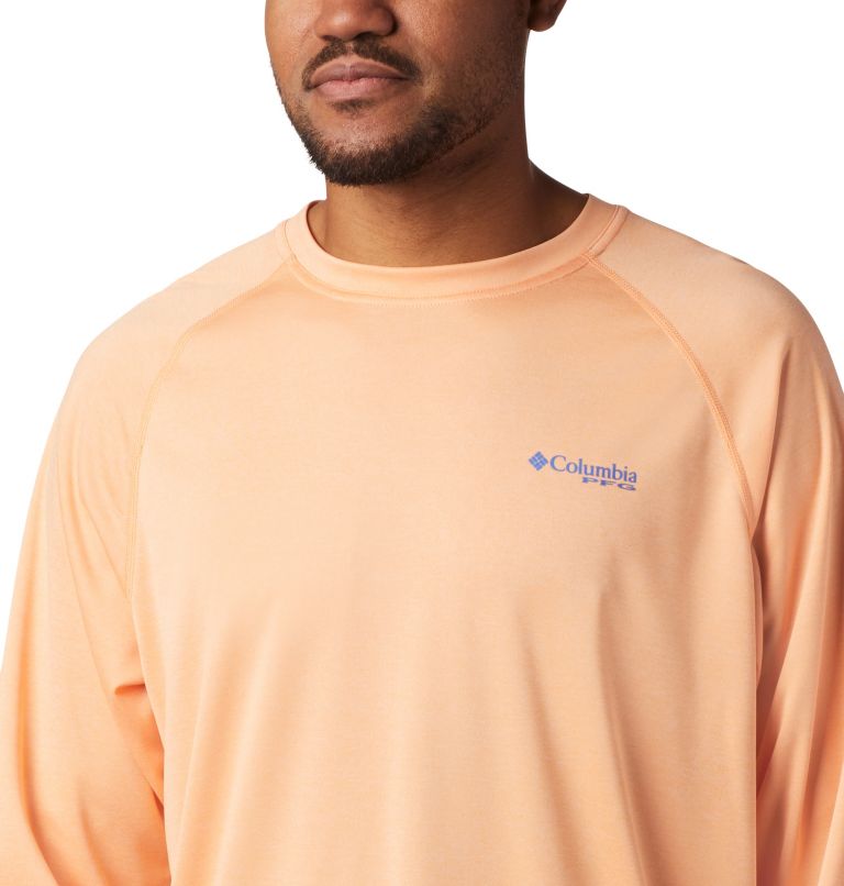 Thumbnail: Men's PFG Terminal Tackle Heather Long Sleeve Shirt, Color: Bright Nectar Heather, Vivid Blue Logo, image 4