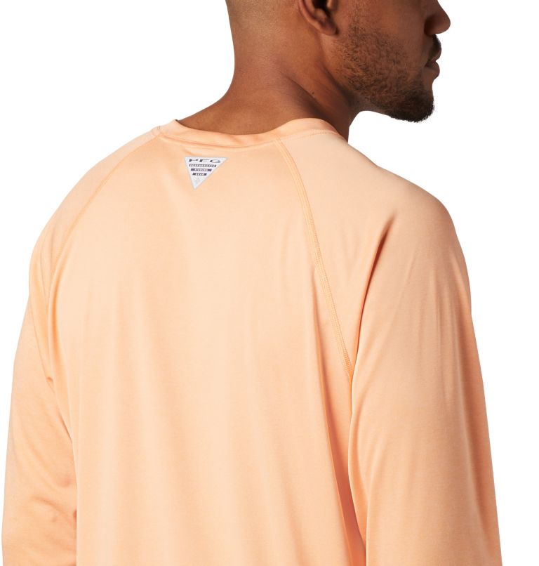Men's PFG Terminal Tackle Heather Long Sleeve Shirt, Color: Bright Nectar Heather, Vivid Blue Logo, image 5