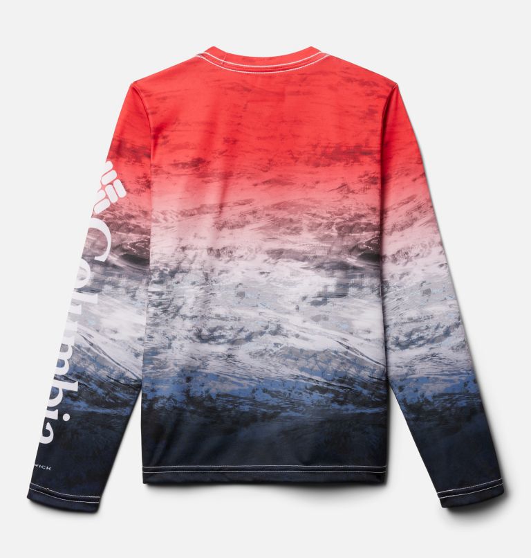 Kids' PFG Super Terminal Tackle Long Sleeve Shirt, Color: Red Spark Deepsea Fade, image 2
