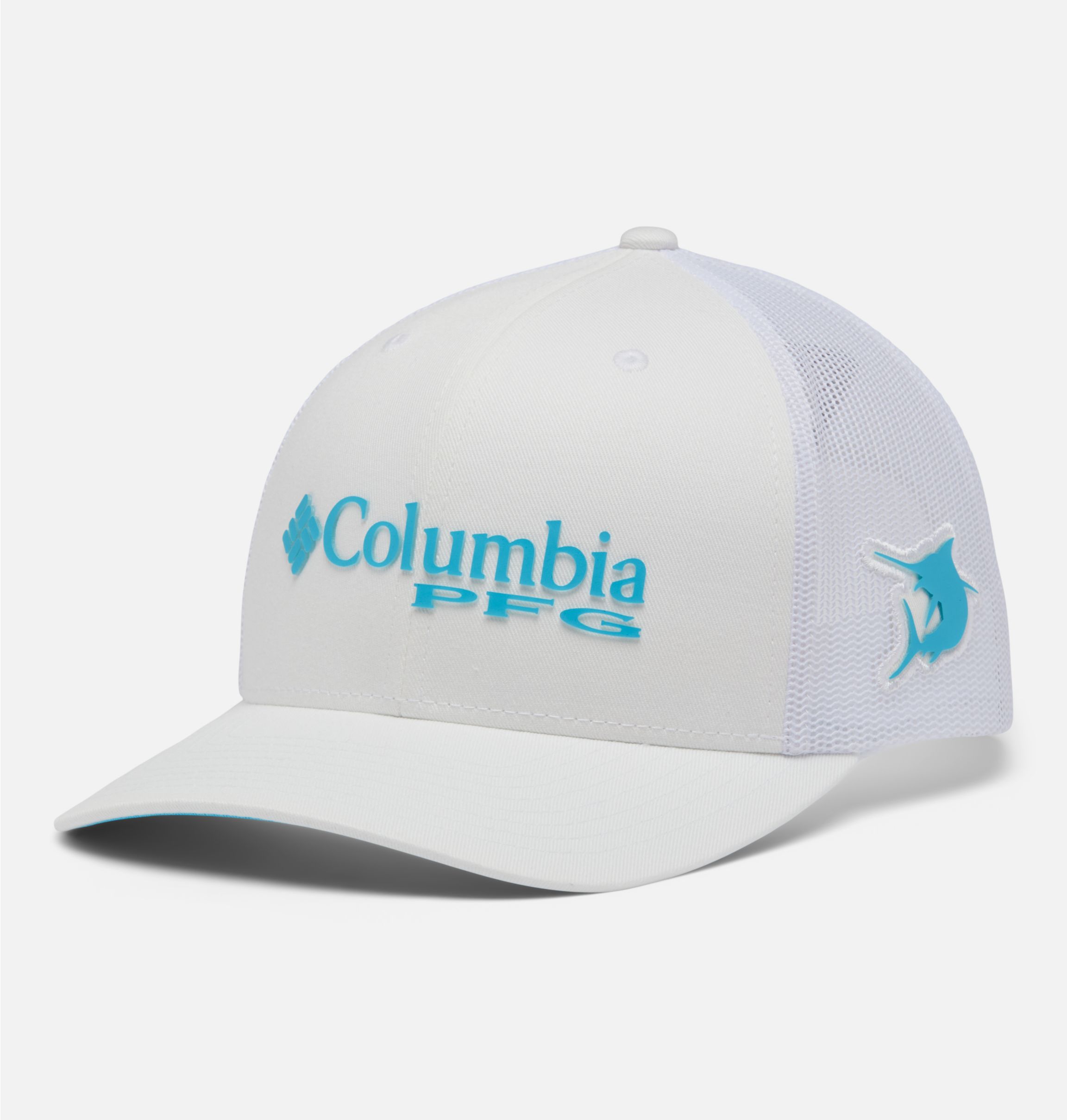 Columbia PFG Hook Logo Snapback Mesh Ball Cap in Bright Aqua and White OSFA 