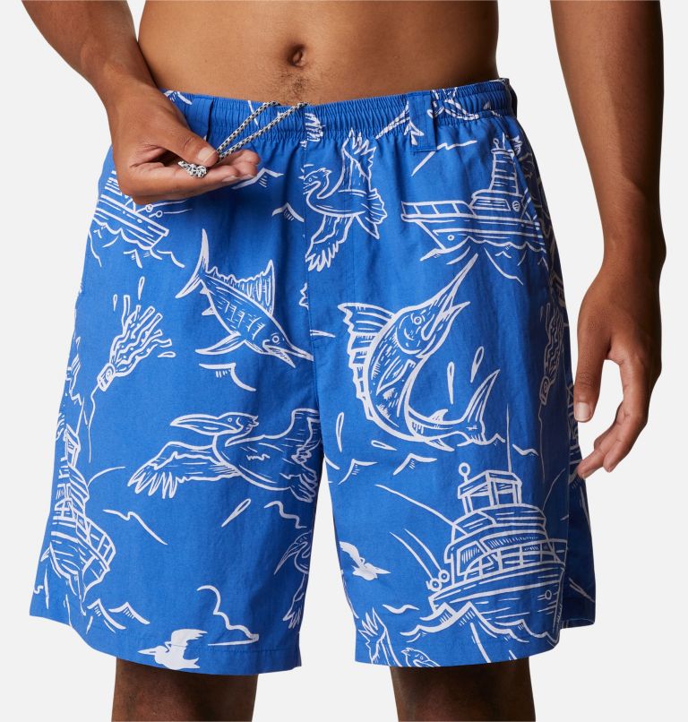 Men's PFG Super Backcast Water Shorts, Color: Blue Macaw Mighty Marlins Print