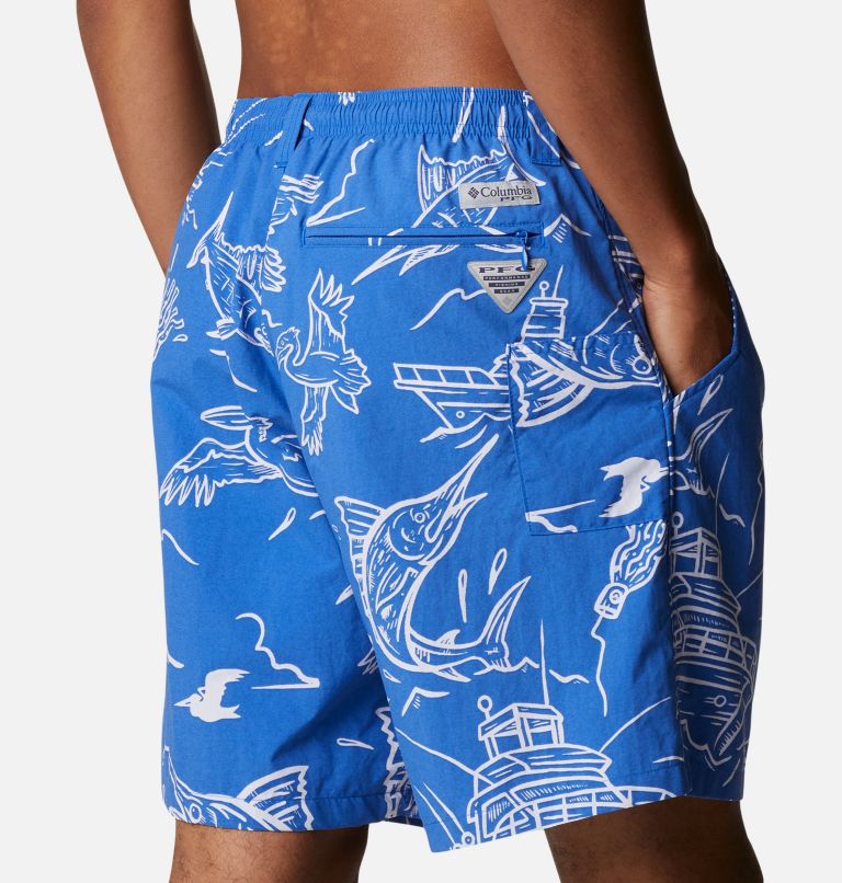 Men's PFG Super Backcast Water Shorts, Color: Blue Macaw Mighty Marlins Print