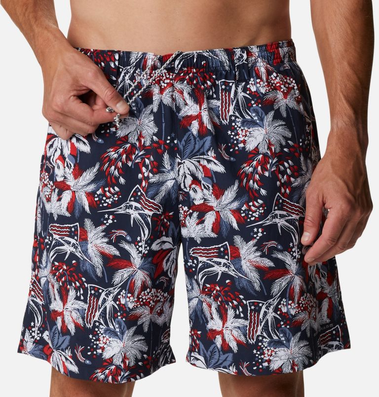 Men's PFG Super Backcast Water Shorts, Color: Collegiate Navy Fireworks Fish Print