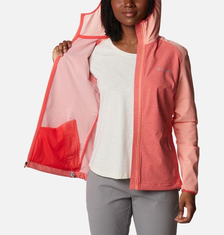 Women's Heather Canyon Softshell Jacket, Color: Red Hibiscus, Corel Reef Heather