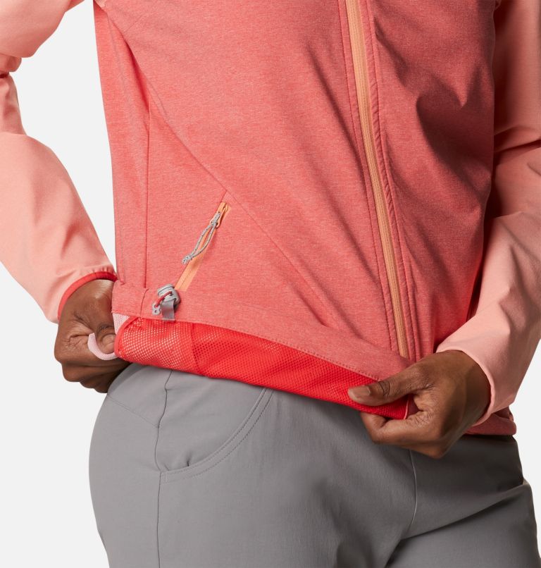 Women's Heather Canyon Softshell Jacket, Color: Red Hibiscus, Corel Reef Heather