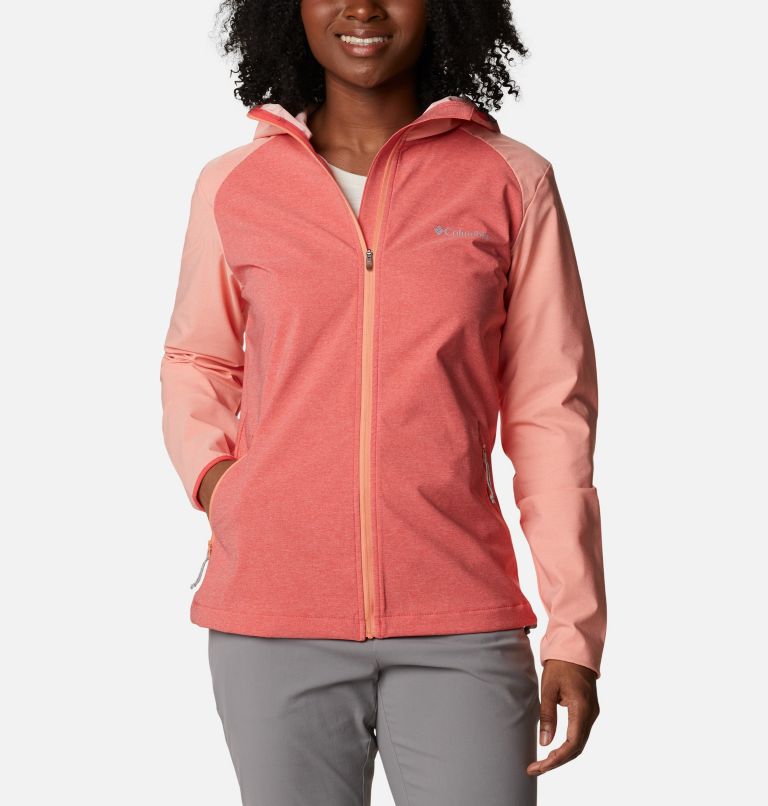 Women's Heather Canyon Softshell Jacket, Color: Red Hibiscus, Corel Reef Heather, image 1