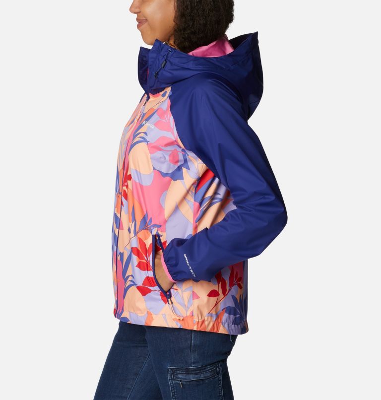 Women's Ulica Rain Jacket, Color: Wild Geranium Floriated, Dark Sapphire, image 3