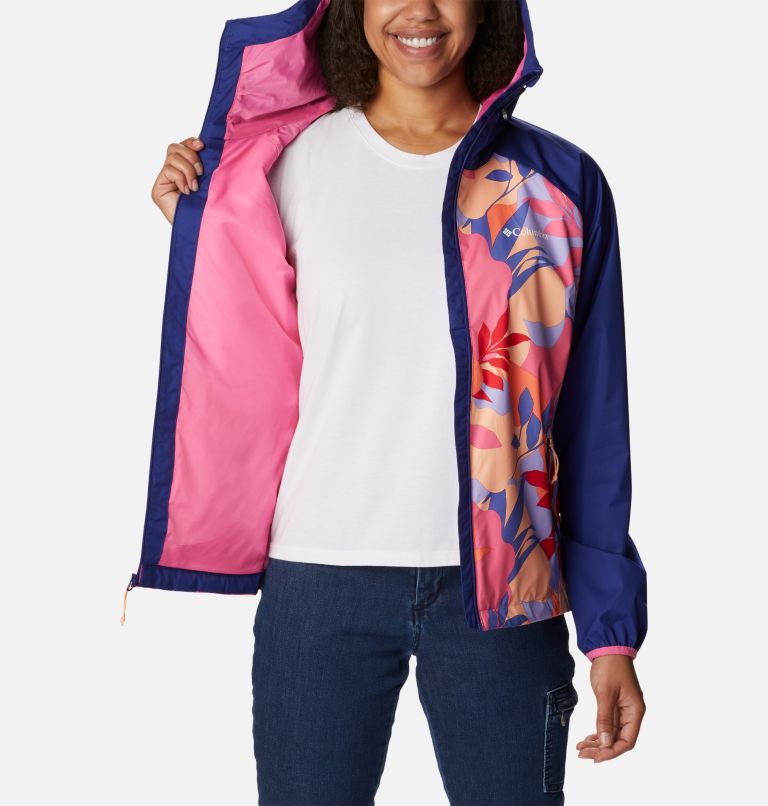 Women's Ulica Rain Jacket, Color: Wild Geranium Floriated, Dark Sapphire, image 5