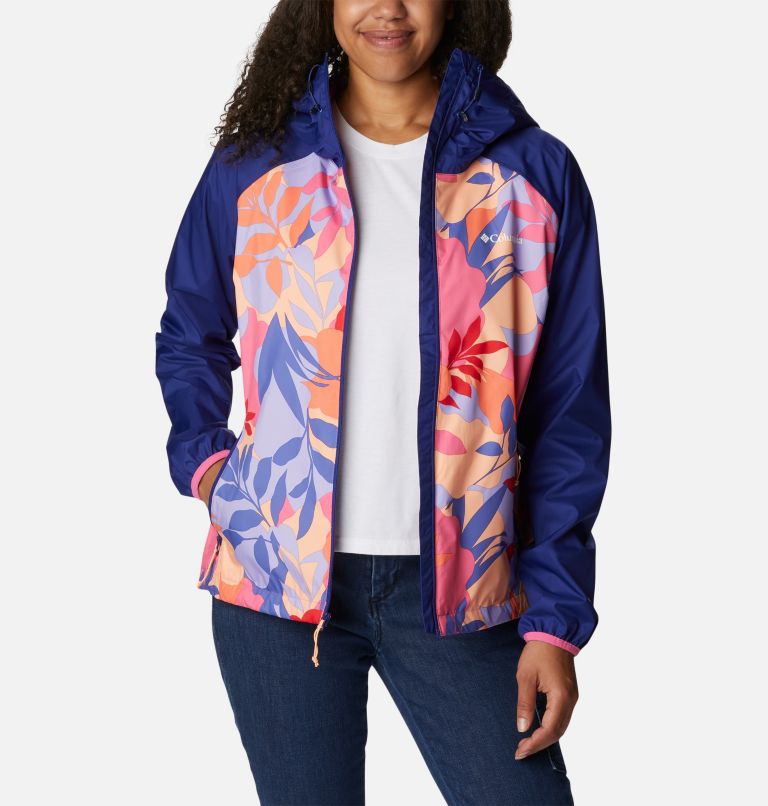 Women's Ulica Rain Jacket, Color: Wild Geranium Floriated, Dark Sapphire, image 7