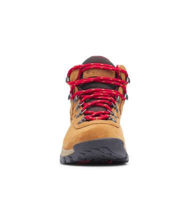 tan hiking boots with red laces