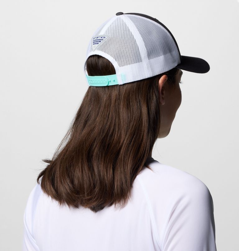 Women's PFG Mesh Snap Back Ball Cap, Color: Shark, White, Spray, High Side Marlin, image 3