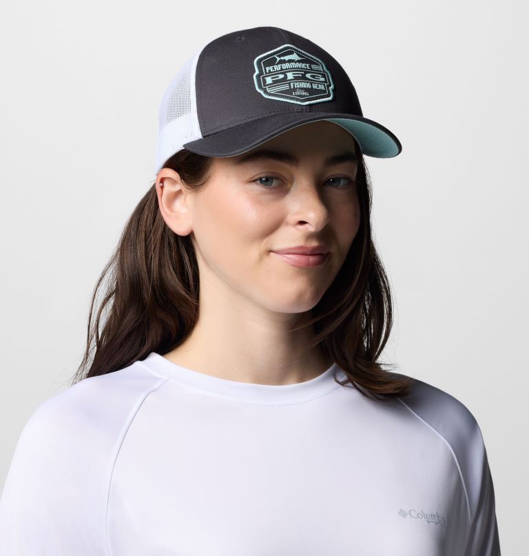 Women's PFG Mesh Snap Back Ball Cap, Color: Shark, White, Spray, High Side Marlin, image 2