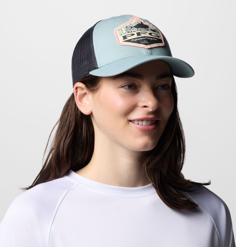 Women's PFG Mesh Snap Back Ball Cap, Color: Crushed Blue, Shark, W Baja Badge, image 2