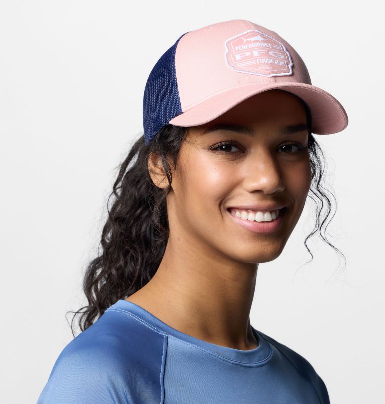 Women's PFG Mesh Snap Back Ball Cap, Color: Faux Pink, Nocturnal, High Side Marlin, image 2