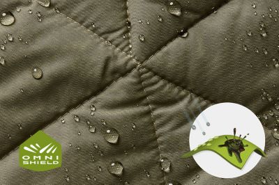 Close up of fabric with the Omni Shield logo in the bottom left and a graphic showing how moisture beads on the fabric's surface.