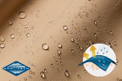 Close up of fabric with the Omni Tech logo in the bottom left and a graphic showing how moisture beads off the fabric's surface.