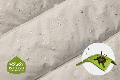 Close up of fabric with the Omni Shield logo in the bottom left and a graphic showing how moisture rises to the fabric's surface.