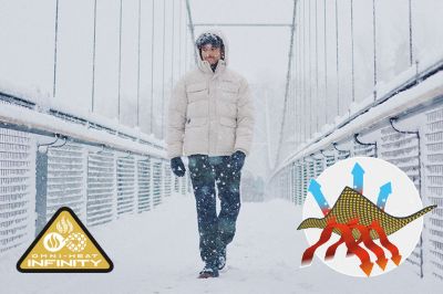 Model in a snowy scene in a jacket featuring Omni Heat and the Omni Heat tech badge in bottom left.