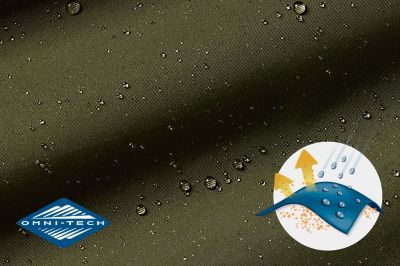 Close up of the pant's tan fabric with the Omni Wick logo in the bottom left and a graphic showing how moisture rises to the fabric's surface to evaporate in the bottom right.